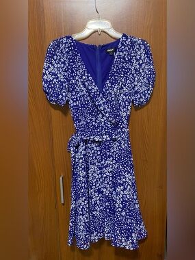 DKNY Royal Blue and White Floral Printed Wrap Midi Summer Party Dress size 4